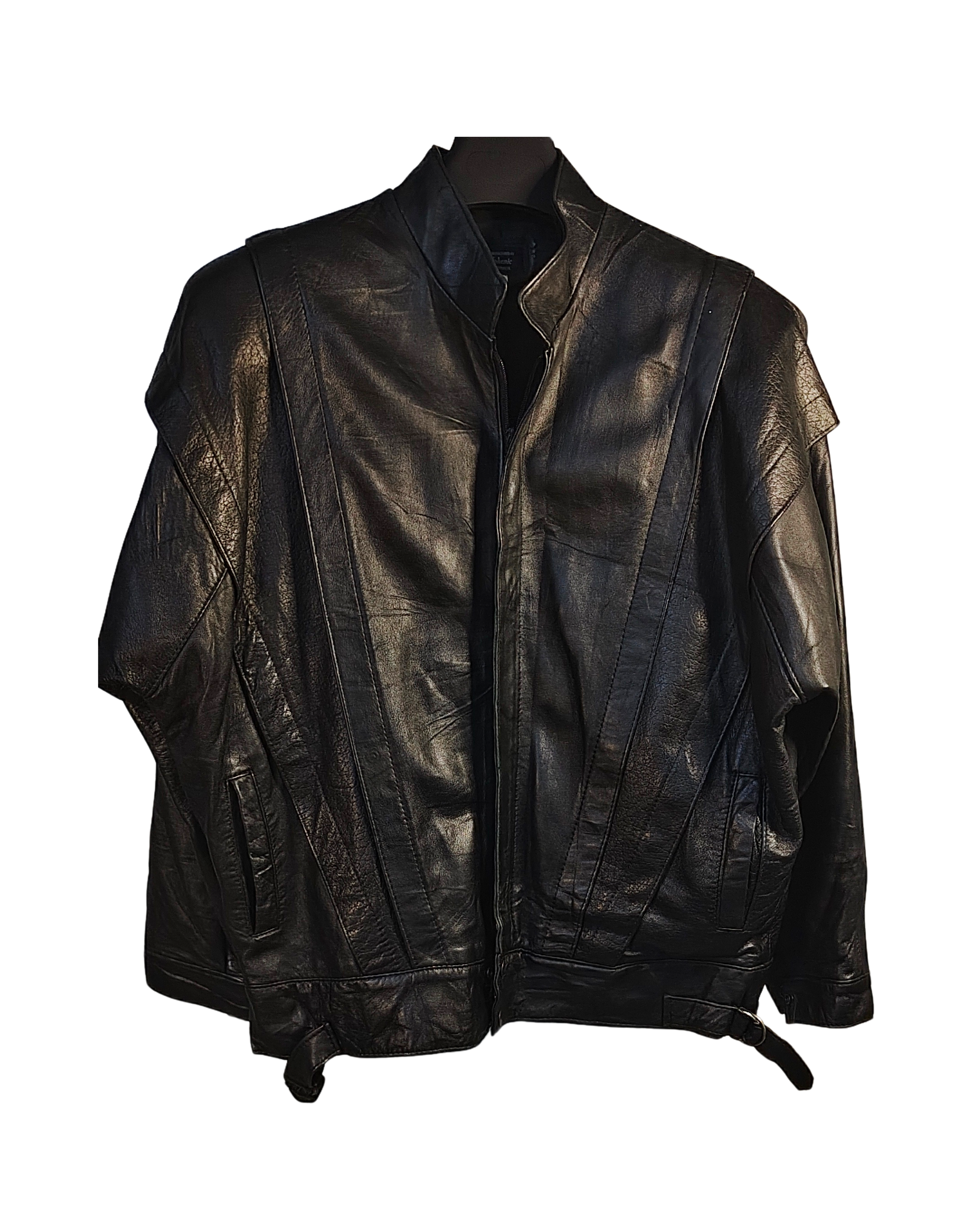 Black Genuine Leather Stand Collar Jacket