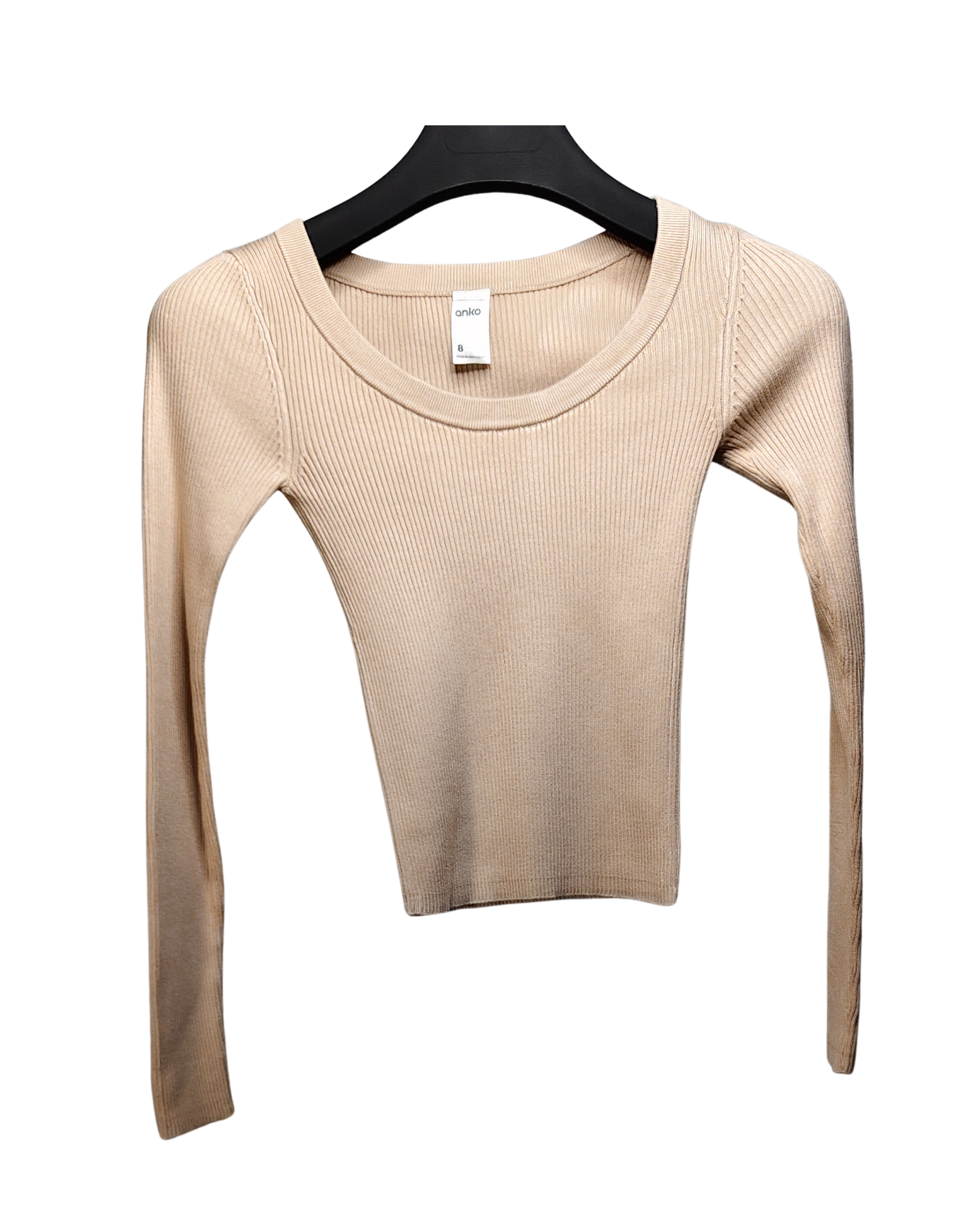 Beige Long Sleeve Ribbed Top