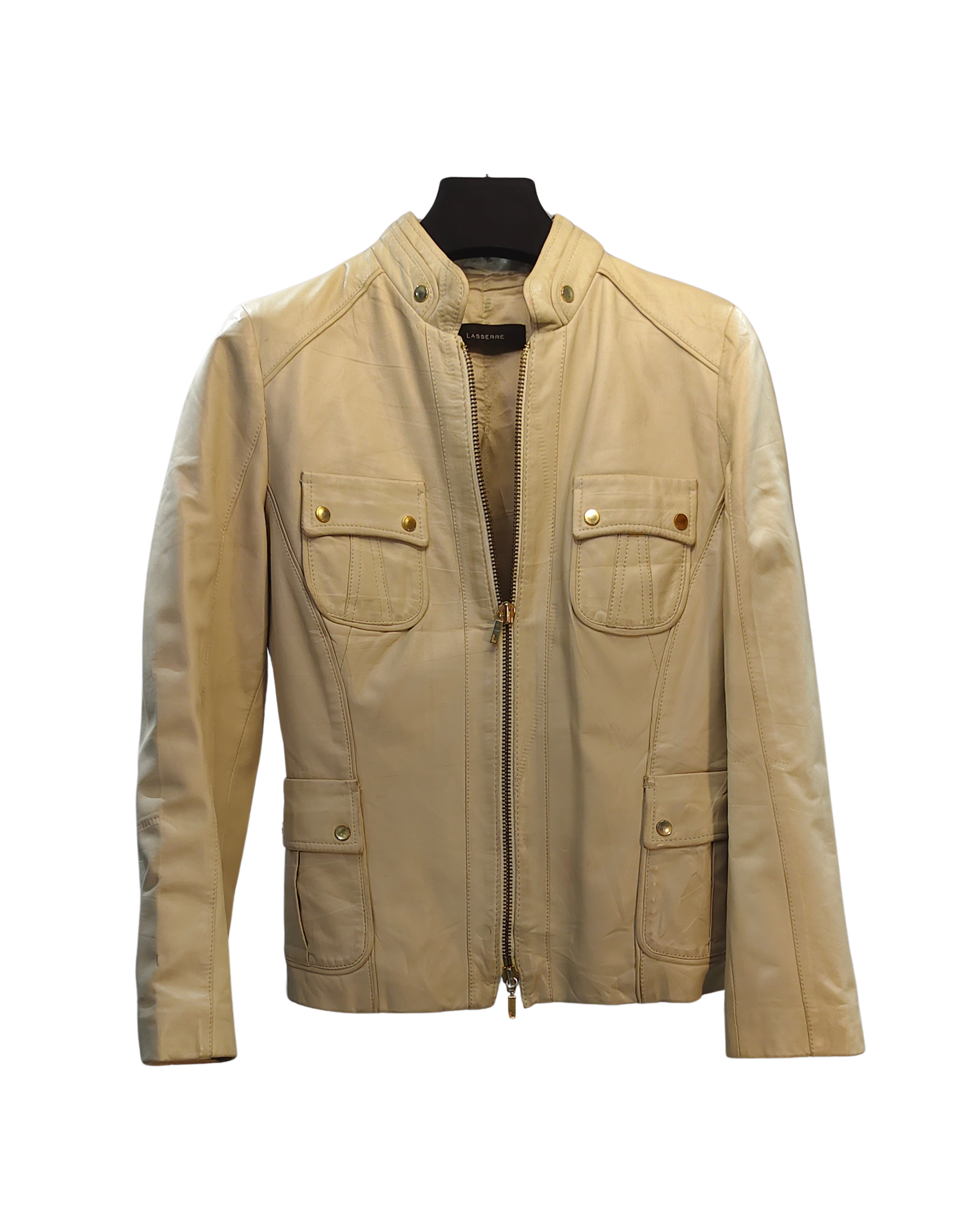 Classic Beige Genuine Leather Zip-Up Jacket