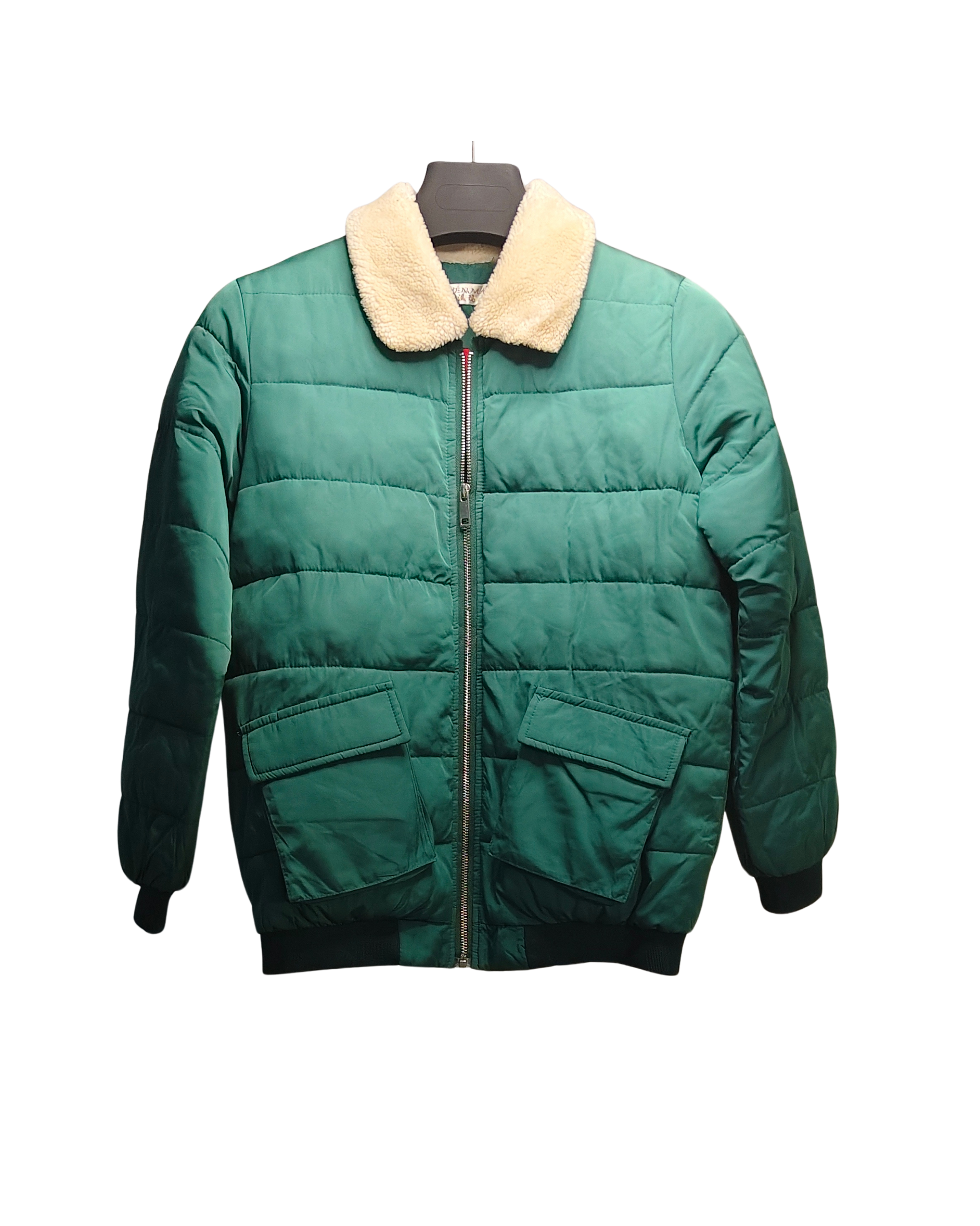 Green Quilted Puffer Jacket with Shearling Collar