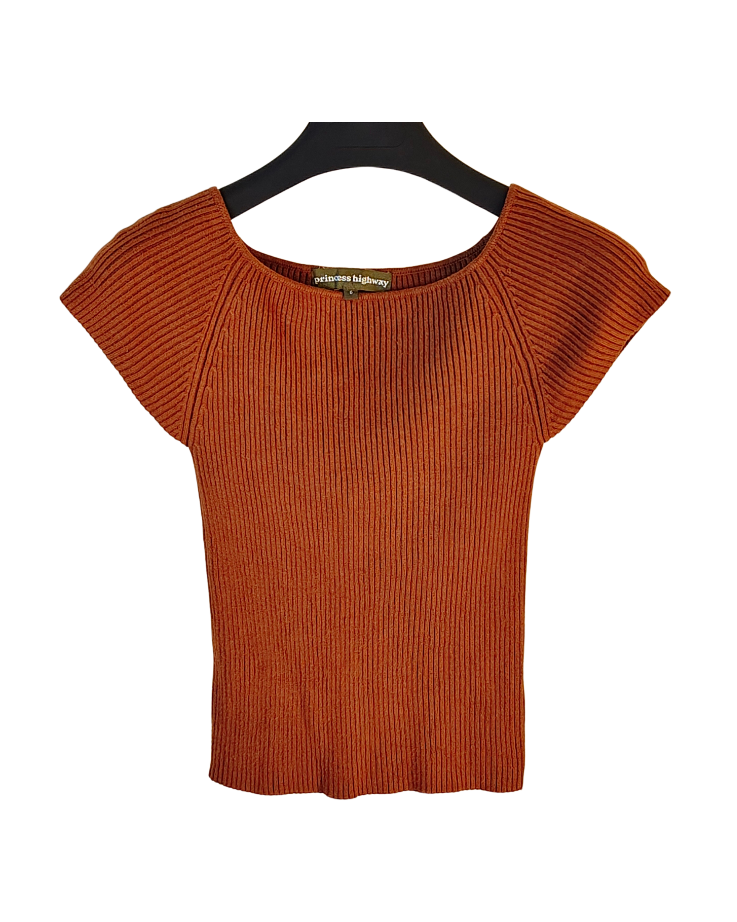 Rust Orange Ribbed Cap-Sleeve Top