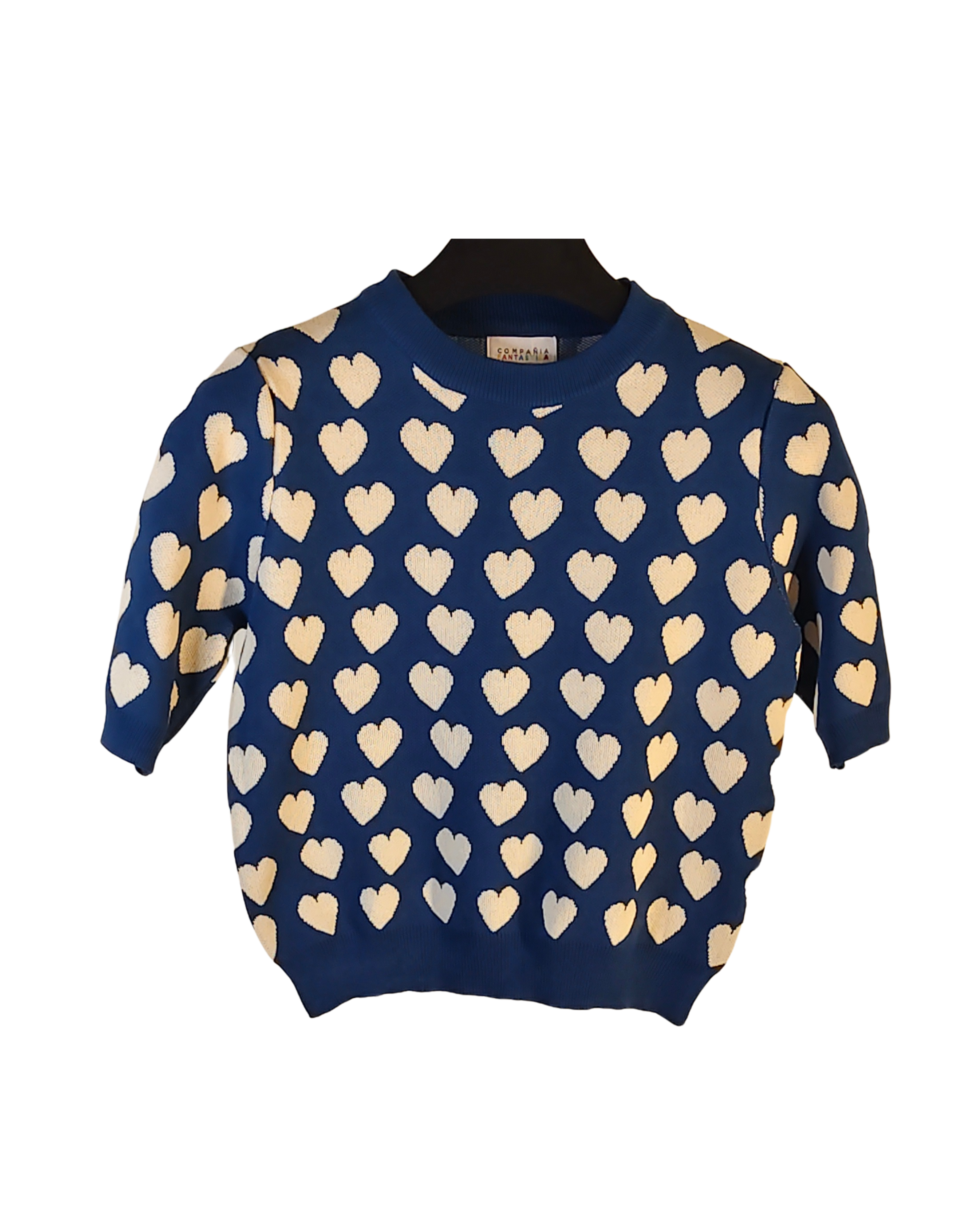 Blue Heart-Patterned Knit Sweater