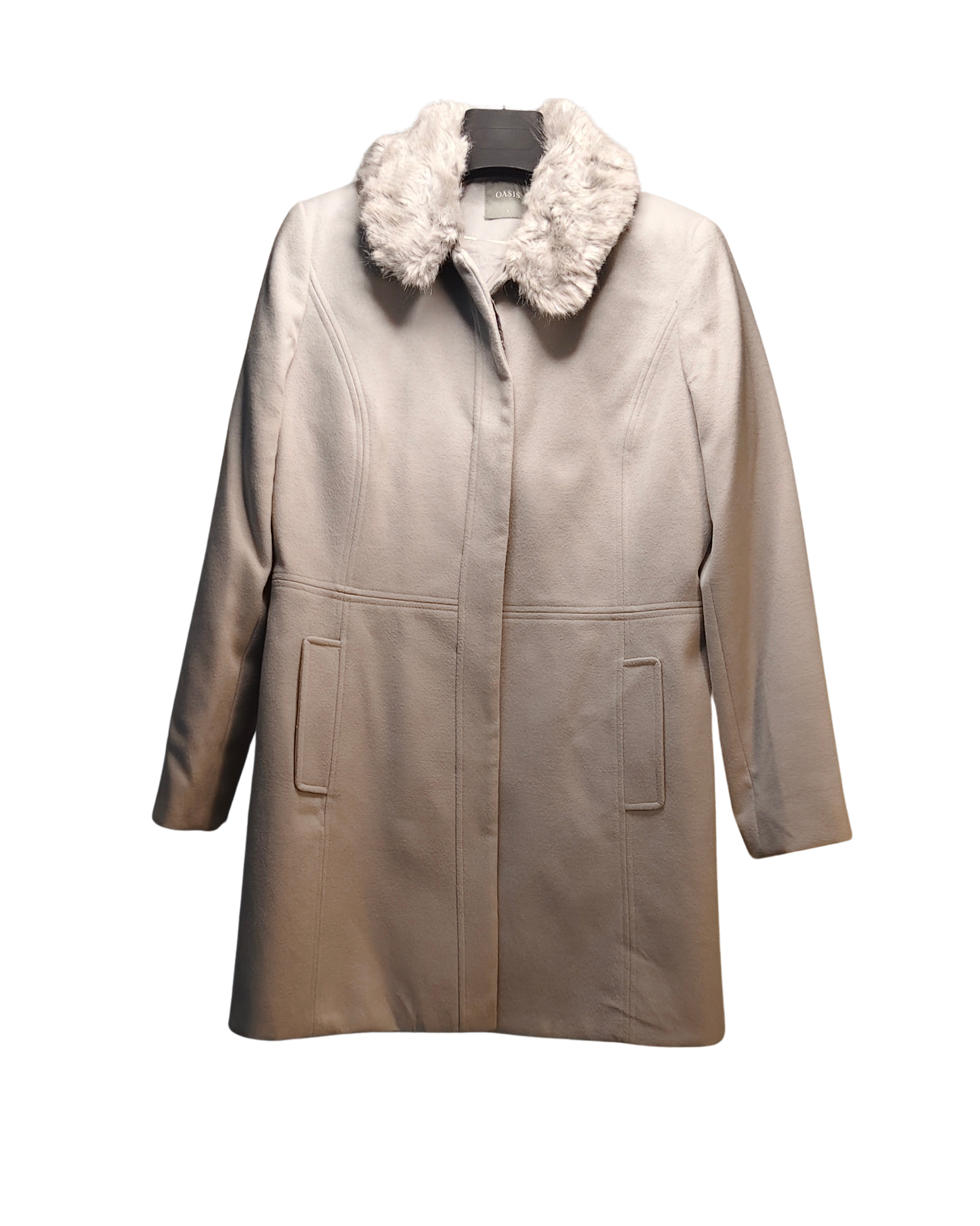 Cream Wool-Blend Coat with Faux Fur Collar