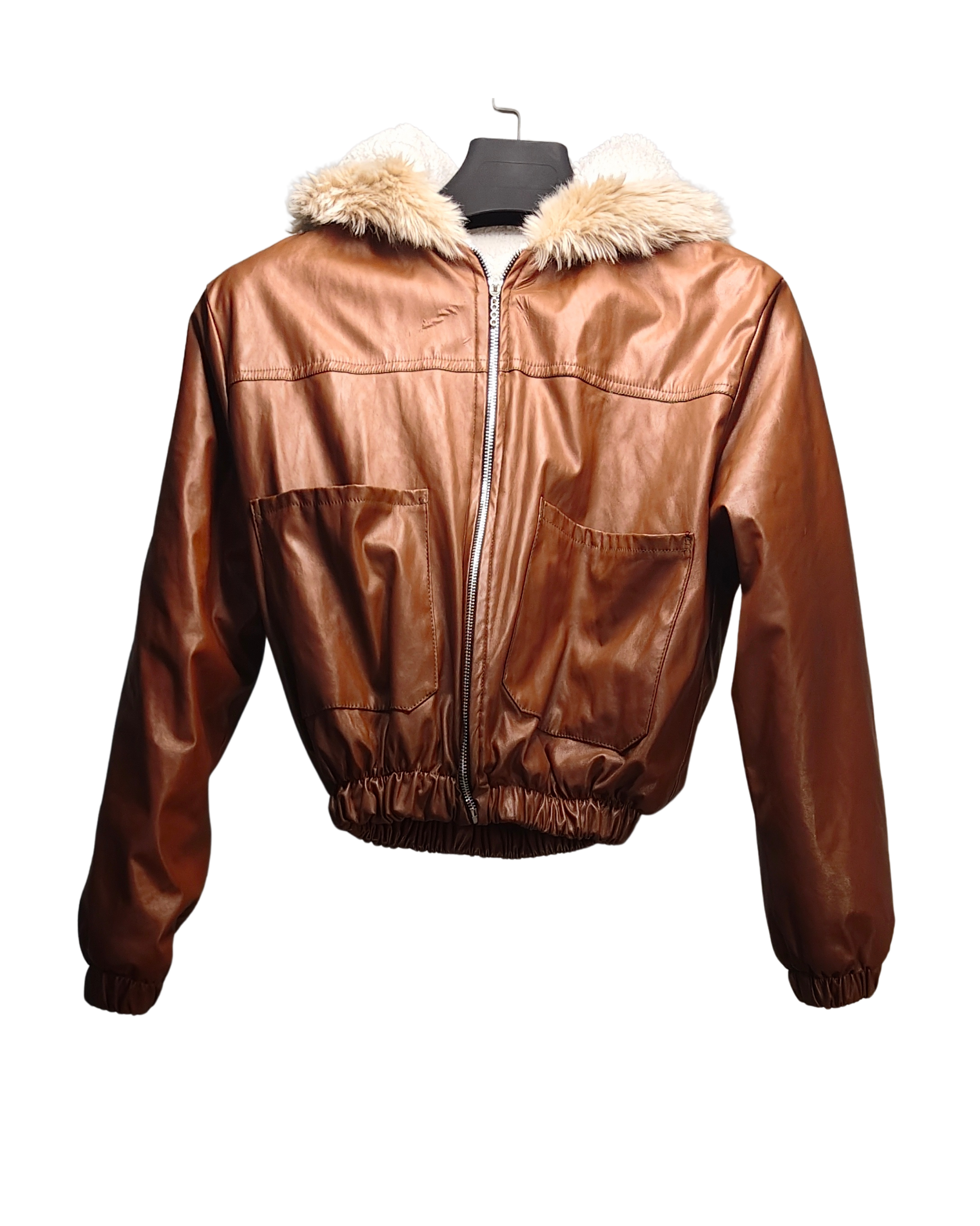 Brown Hooded Leather-Look Jacket