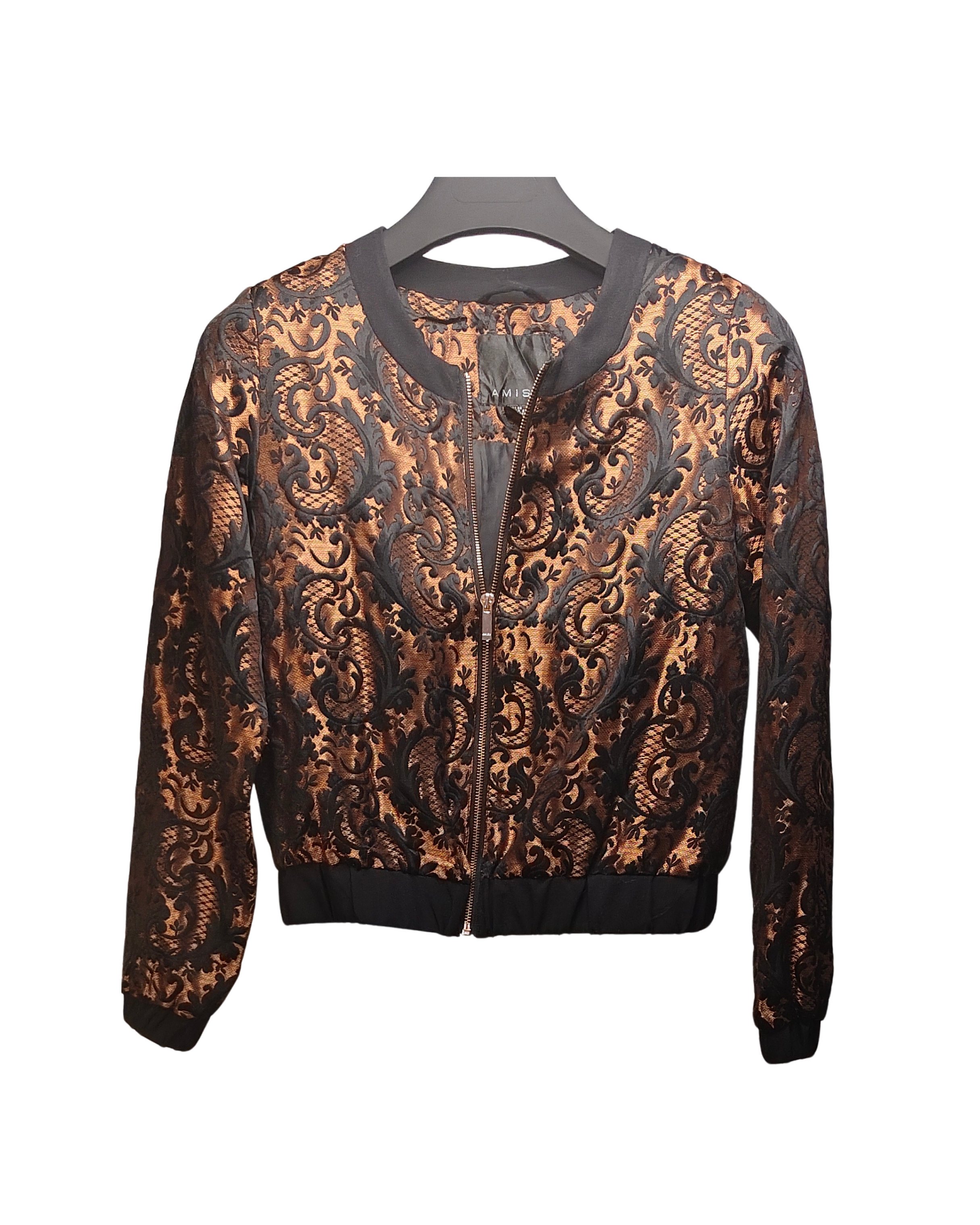 Metallic Bronze and Black Damask Bomber Jacket