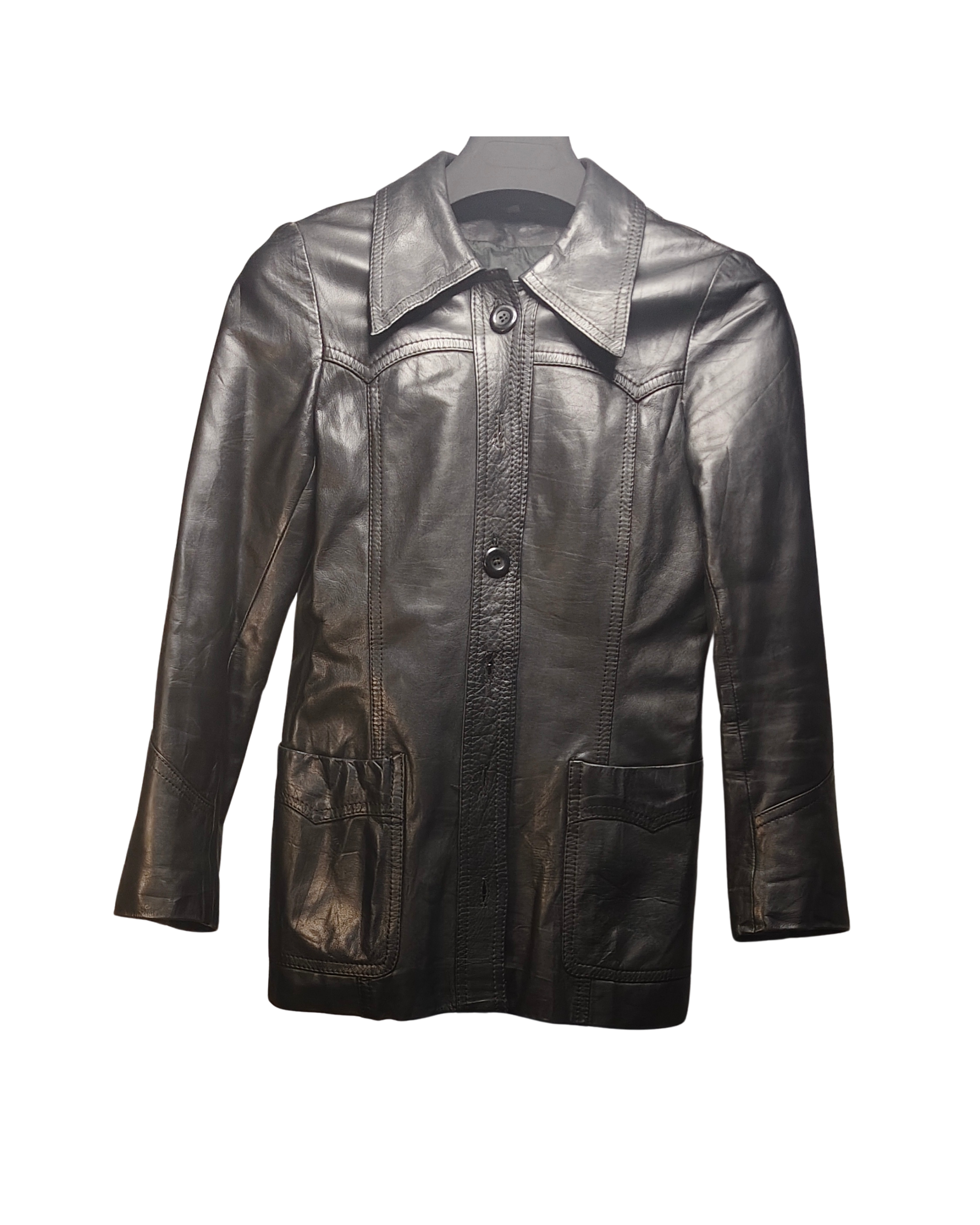 Sleek Black Leather Button-Up Trench Jacket