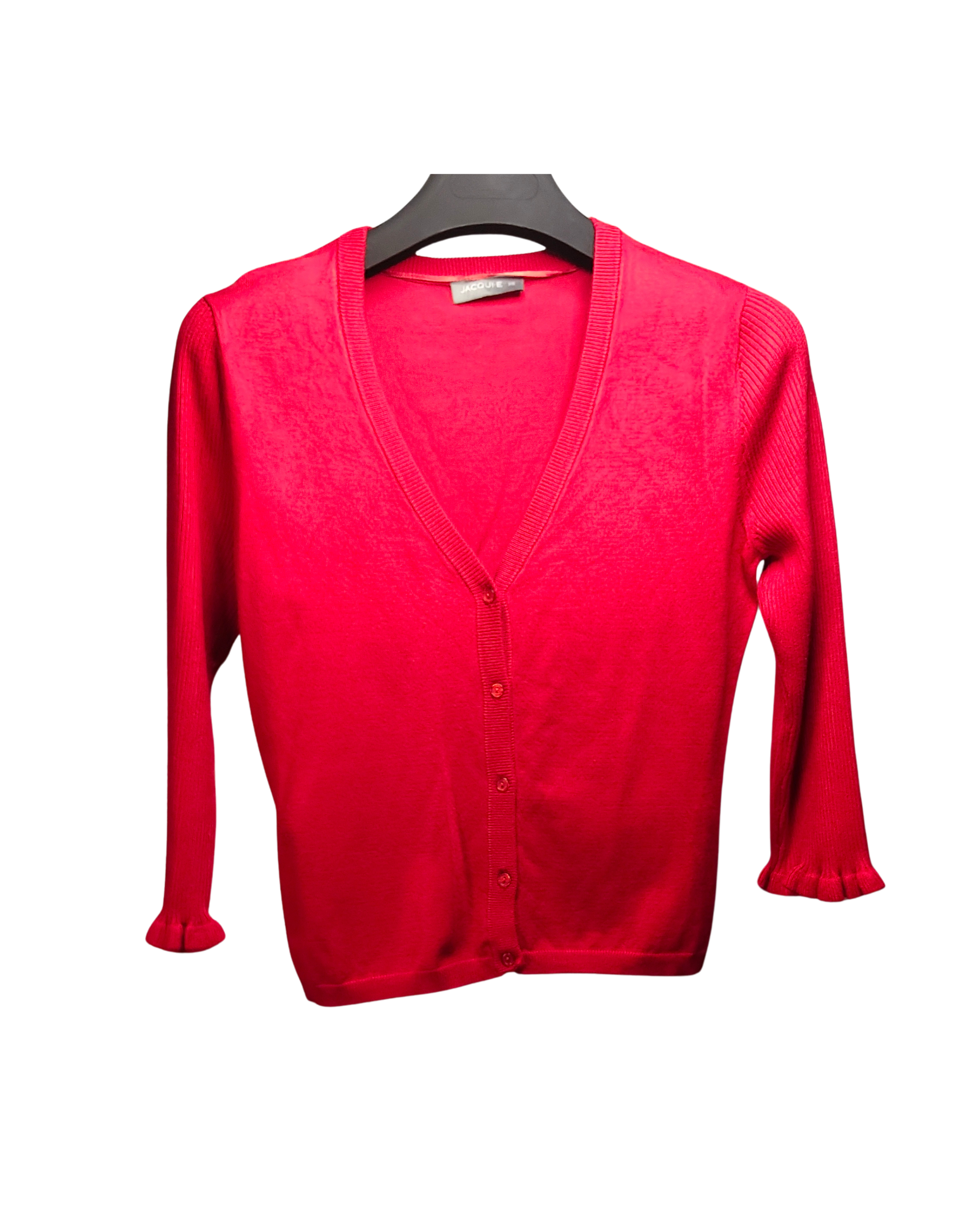 Red V-Neck Cardigan with Ruffled Cuffs