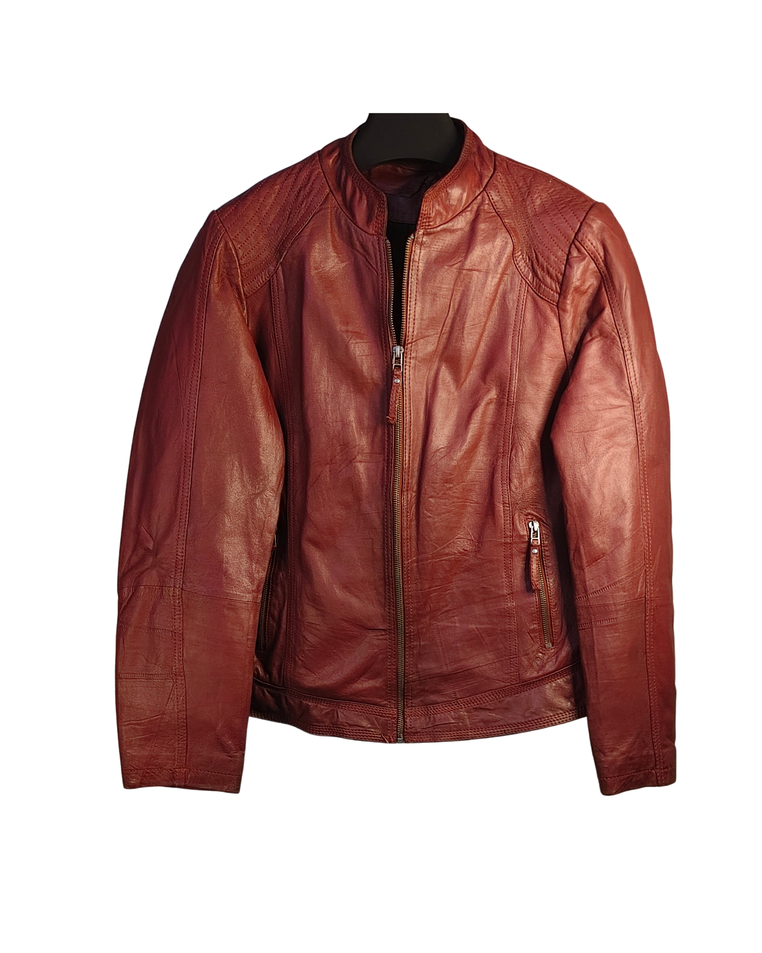 Burgundy Textured Leather Cafe Racer Jacket