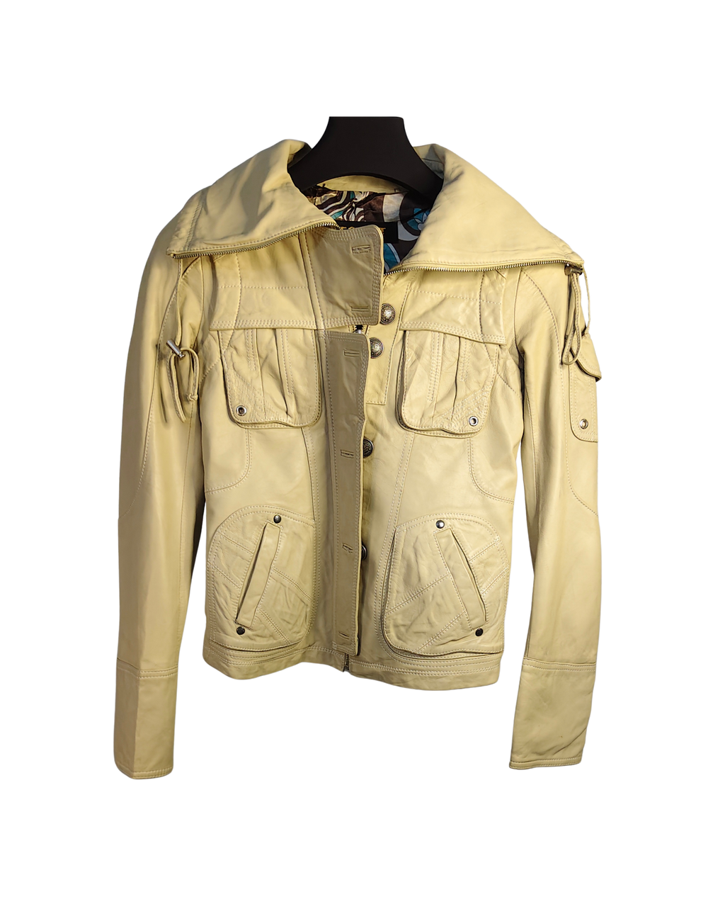 Cream Utility-Style Genuine Leather Moto Jacket