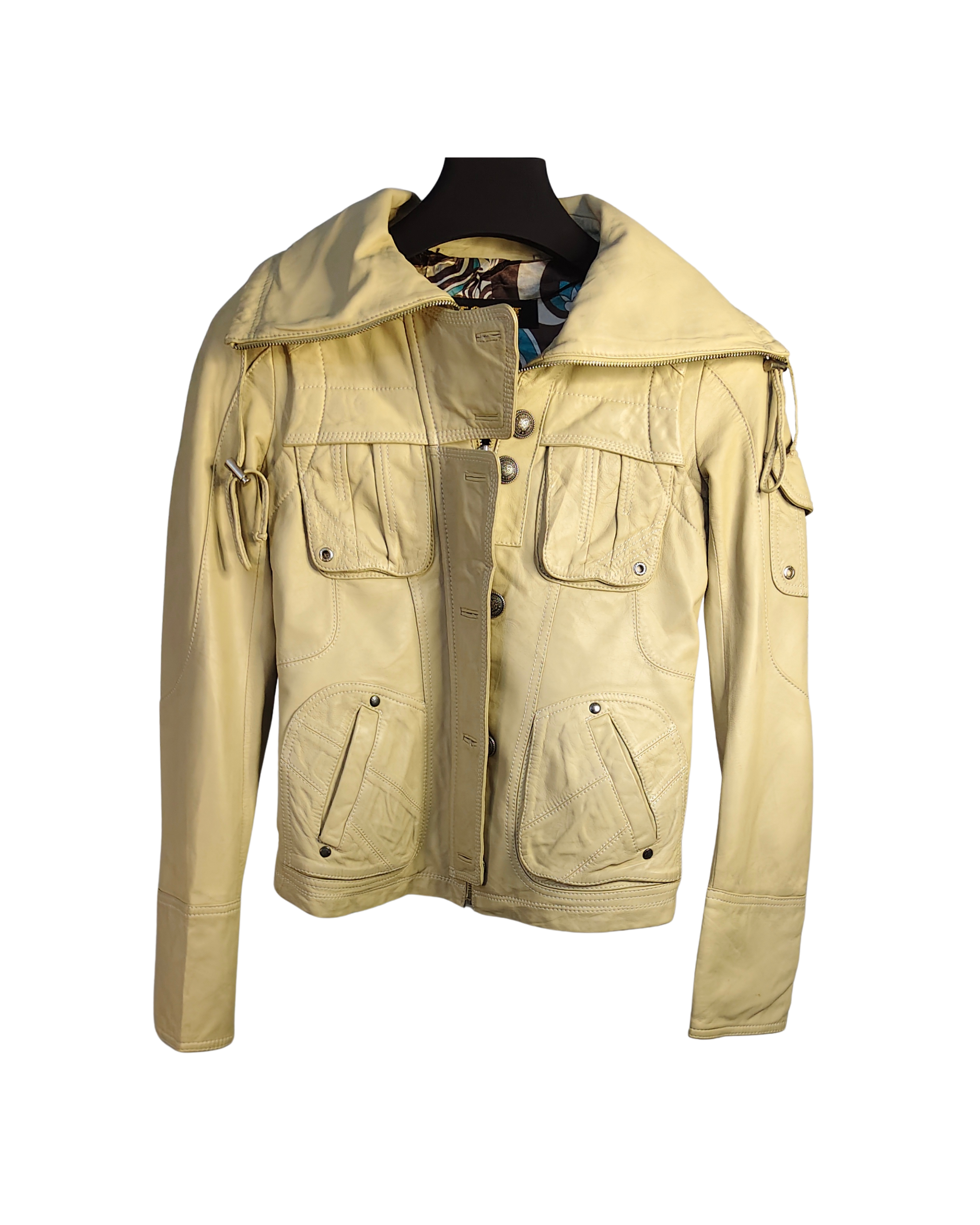 Cream Utility-Style Genuine Leather Moto Jacket