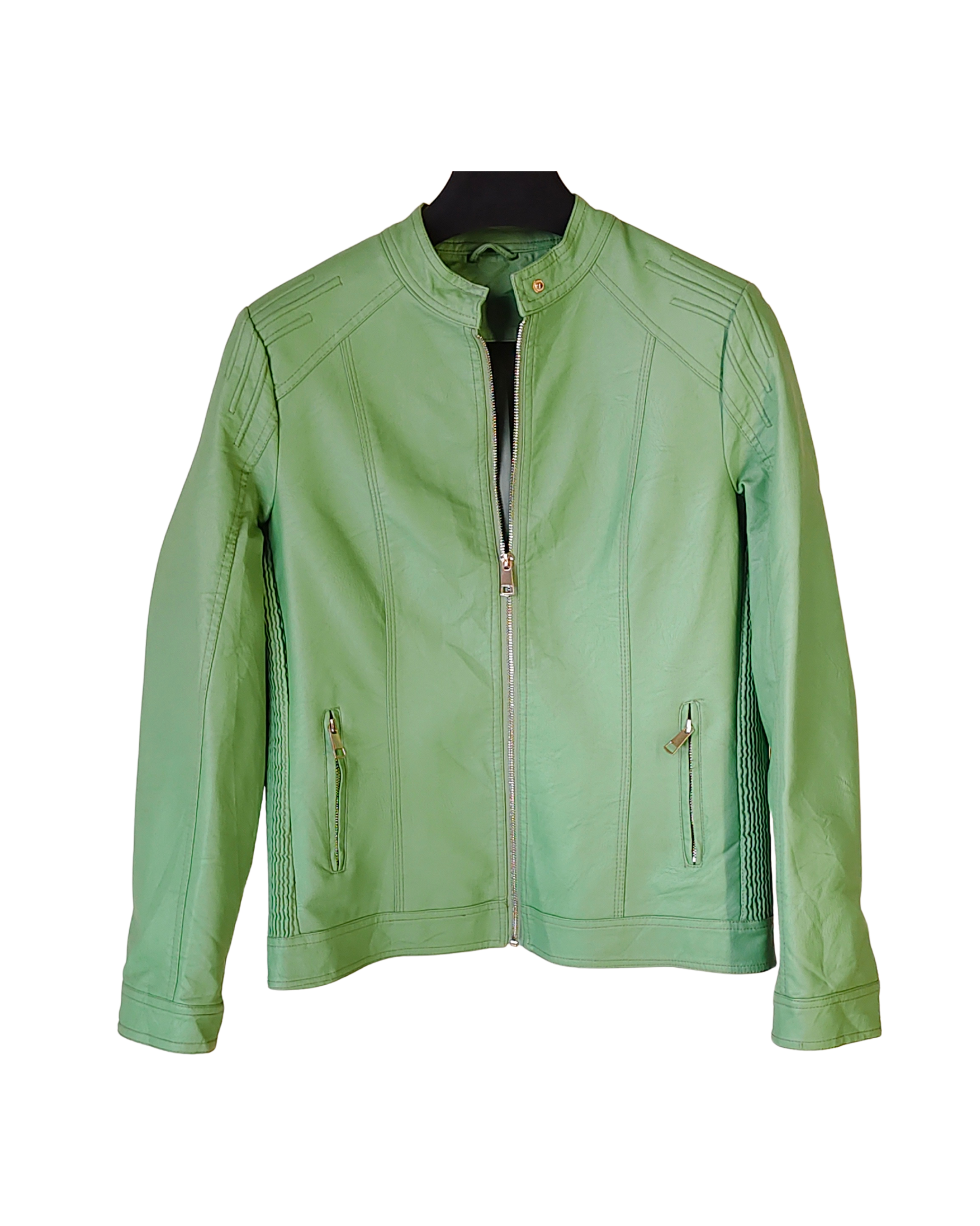 Sage Green Ribbed-Detail Stand Collar Jacket