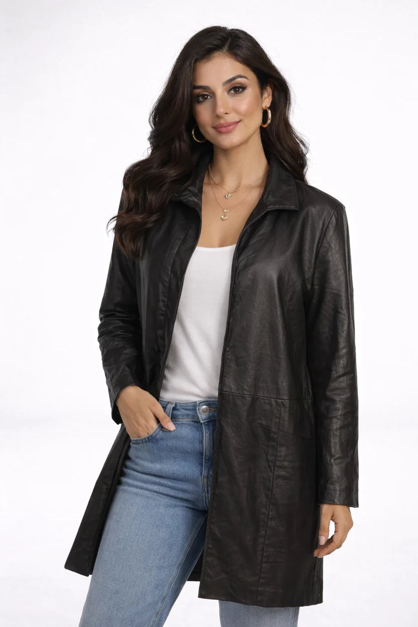 Classic Black Genuine Leather Long Coat